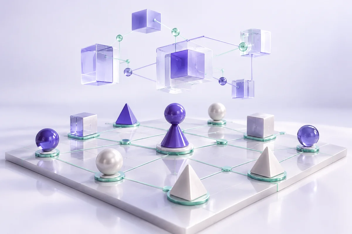 Ilustración conceptual de juegos criptográficos y economía digital: piezas geométricas conectadas en un tablero.