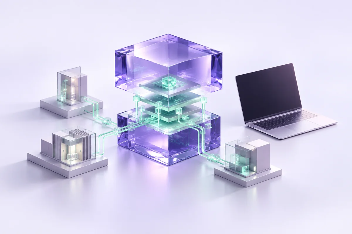 Ilustración conceptual de programación blockchain: módulos y circuitos conectados junto a un computador.