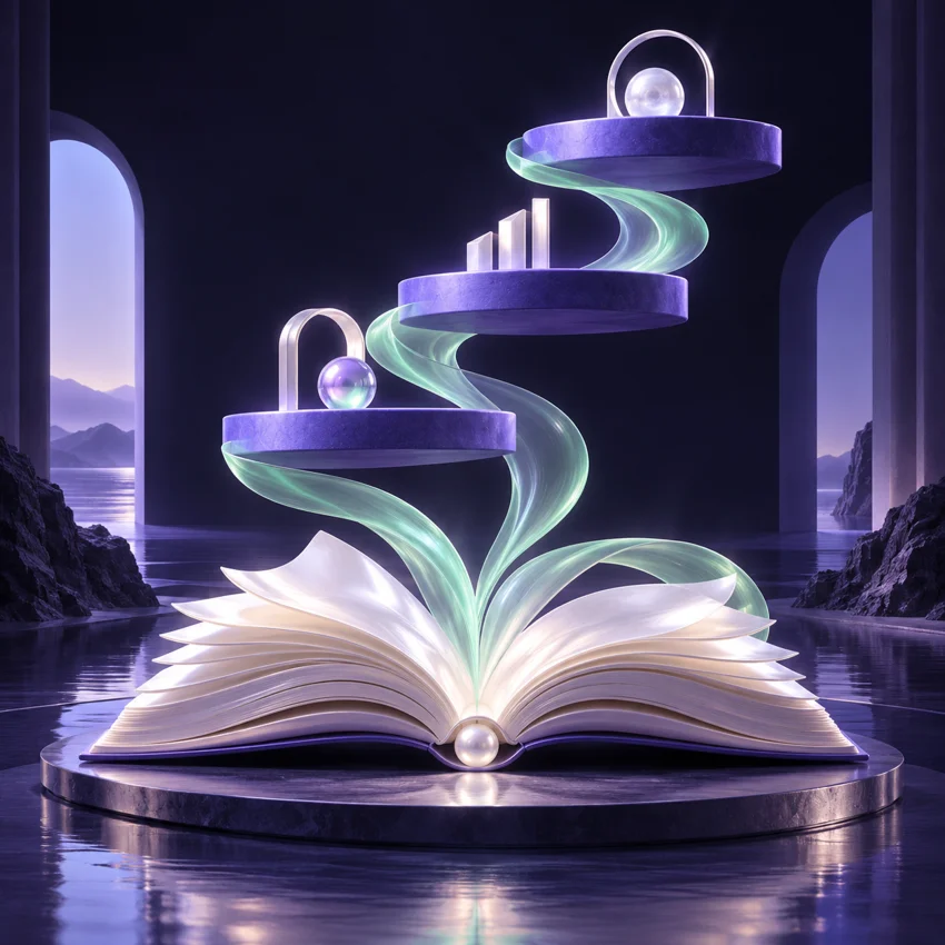 Ilustración conceptual del aprendizaje: un libro abierto conecta varias plataformas.