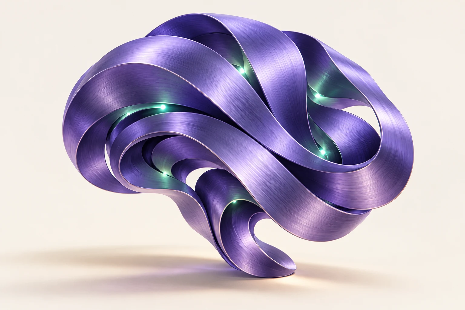 Escultura orgánica violeta que representa inteligencia artificial y conexiones de conocimiento.