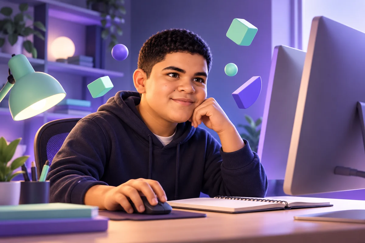 Interpretación artística: Deiber adolescente explora un computador y aprende con curiosidad.