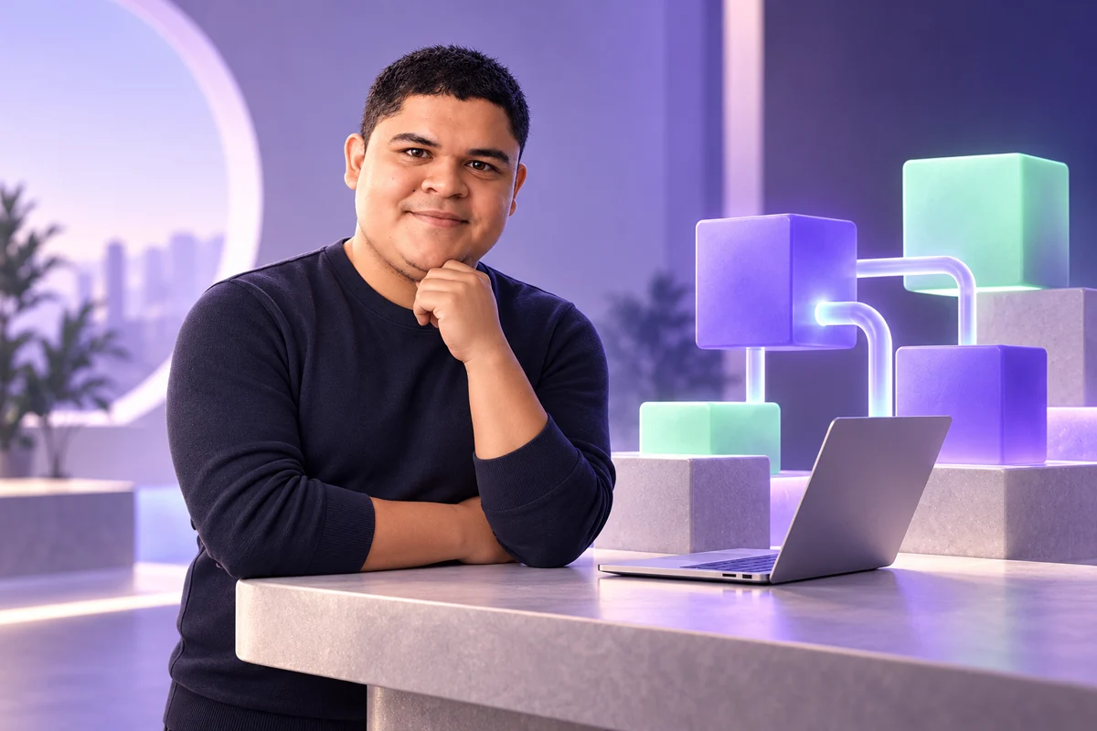 Interpretación artística: Deiber adulto junto a un computador y bloques tecnológicos conectados.